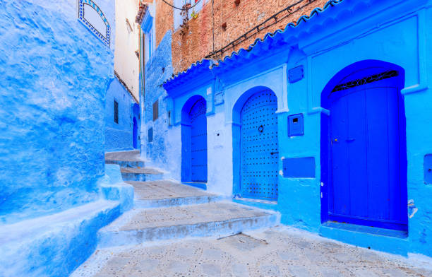 Chefchaouen, Morocco. The old walled city, or medina with its traditional houses painted in blue and white.